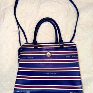 Tommy Hilfiger Navy and Burgundy Striped Shoulder Bag